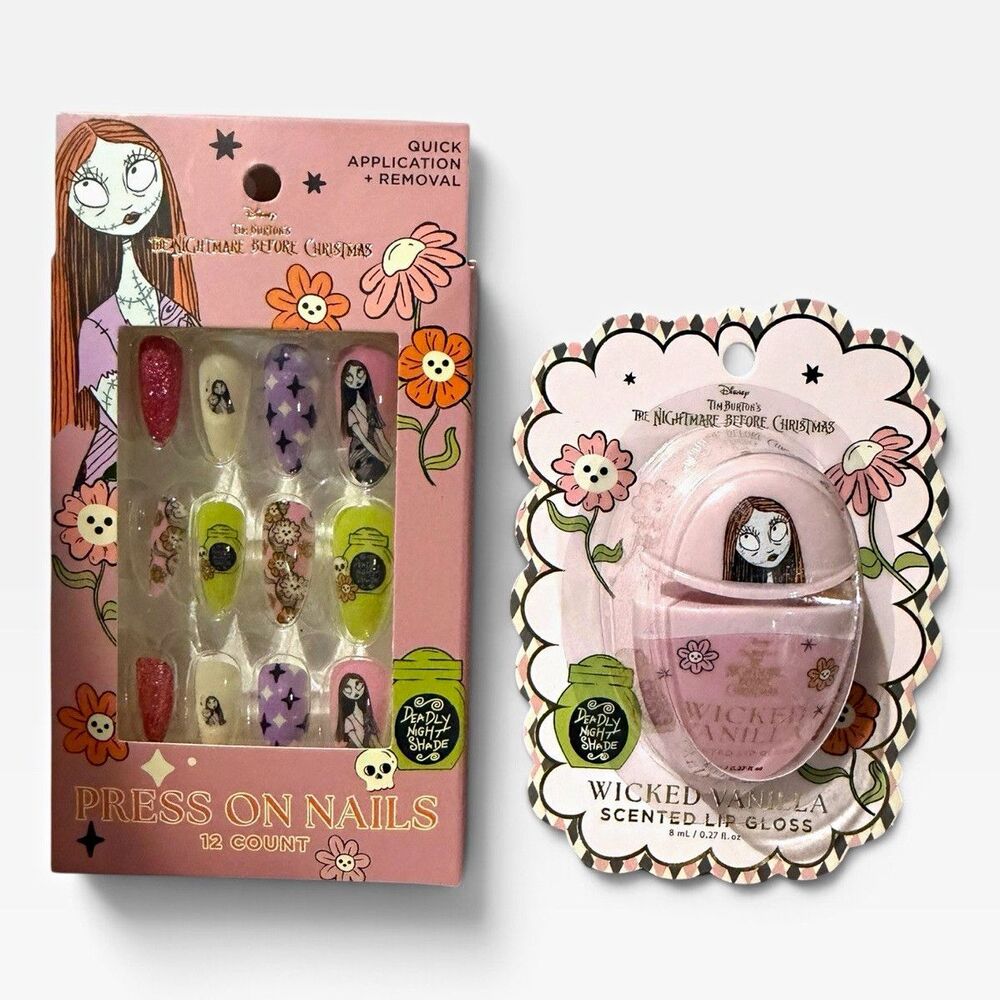 Disney Nightmare Before Christmas Sally Press On Nails Lip Gloss Beauty Set